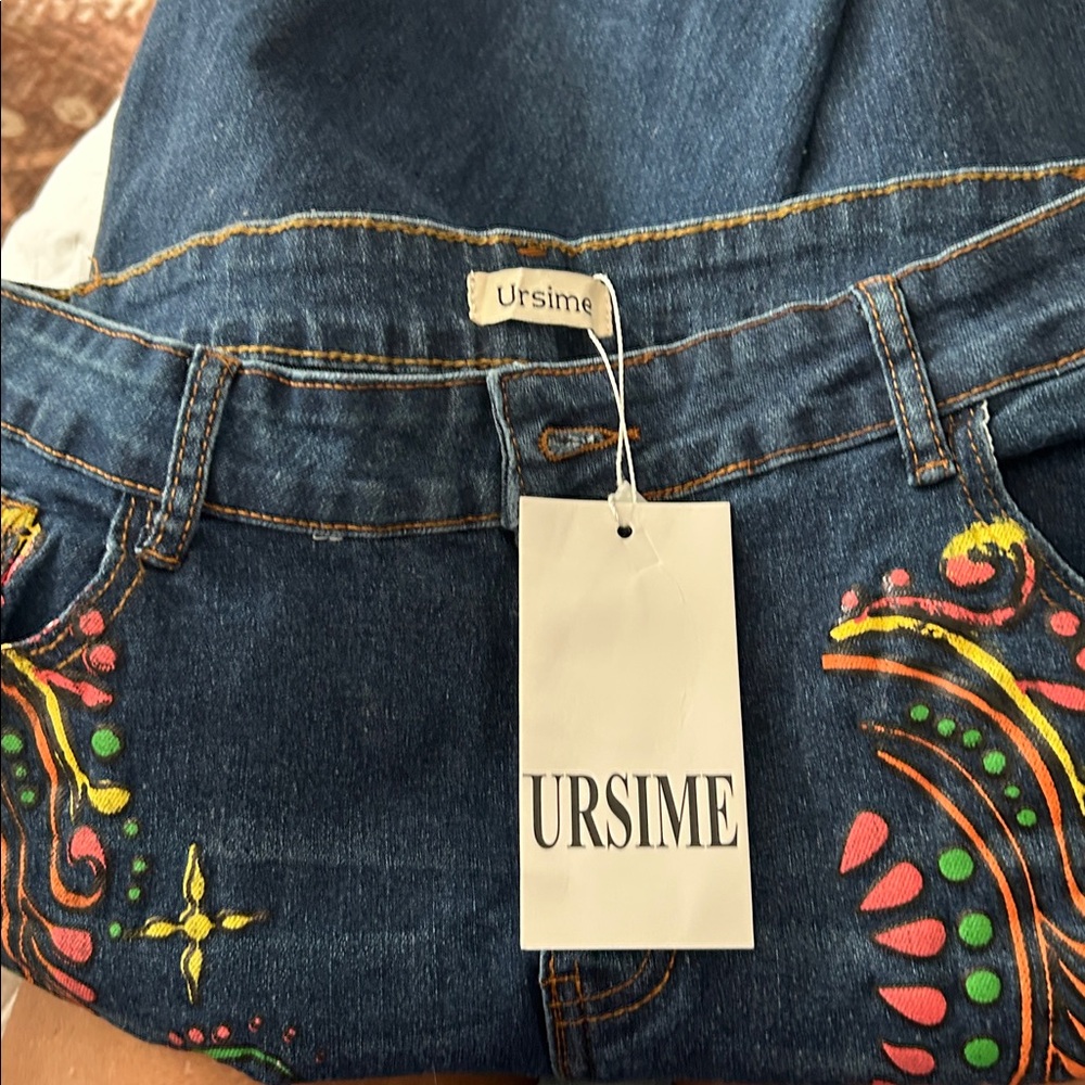 NWT URSIME Denim Blue Jeans w/Colorful Embroidery and Ankle Fraying Pockets - Picture 3 of 5